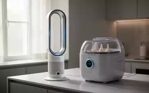Ein schlanker, moderner, weißer, rotorloser Turmventilator neben einer kompakten Eismaschine auf einer minimalistischen Küchenarbeitsplatte. - Foto: über boerse-global.de