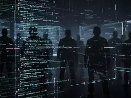 Abstrakte Darstellung eines Cyberangriffs mit leuchtenden Codezeilen und verschwommenen Bankgebäuden im Hintergrund. - Foto: über boerse-global.de