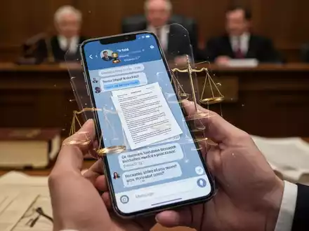 Ein Smartphone-Bildschirm zeigt eine Chat-Anwendung mit überlagerten Gerichtsdokumenten, gehalten in einem Gerichtssaal. - Foto: über boerse-global.de