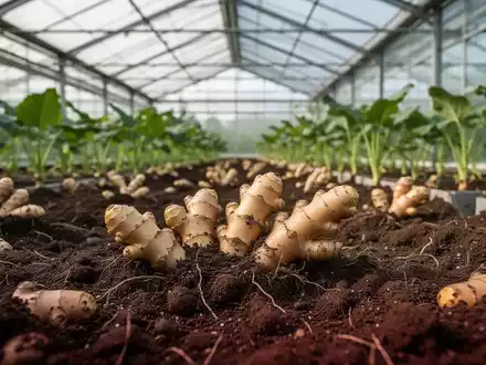 Ingwerwurzeln wachsen in fruchtbarer Erde in einem modernen Gewächshaus in Schwaben, Deutschland. - Foto: über boerse-global.de