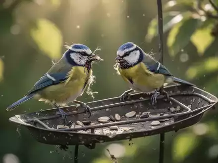 Ein kranker Grünfink oder eine Blaumeise sitzt auf einer leeren, verwitterten Vogelfutterstelle. Im Hintergrund ist unscharfes Sommerlaub zu sehen. - Foto: über boerse-global.de