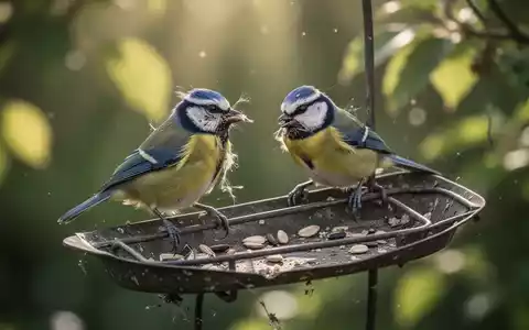 Ein kranker Grünfink oder eine Blaumeise sitzt auf einer leeren, verwitterten Vogelfutterstelle. Im Hintergrund ist unscharfes Sommerlaub zu sehen. - Foto: über boerse-global.de