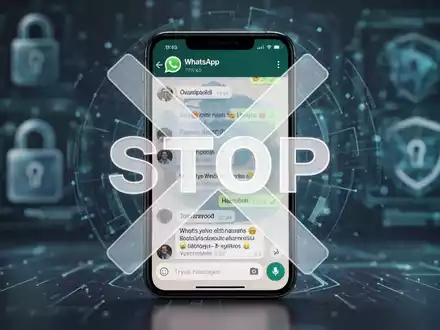 A smartphone showing a WhatsApp chat with a red 'X' symbol, against a blurred background of digital security graphics. - Foto: über boerse-global.de
