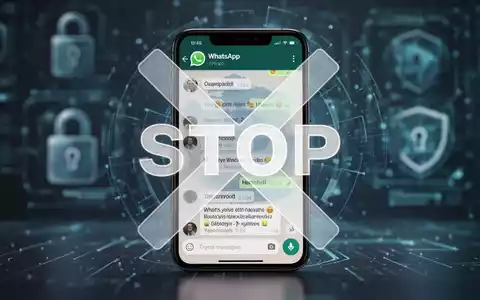 A smartphone showing a WhatsApp chat with a red 'X' symbol, against a blurred background of digital security graphics. - Foto: über boerse-global.de