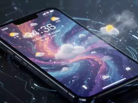 Close-up of a smartphone screen showing a vibrant, AI-generated wallpaper and a customized user interface with weather effects. - Foto: über boerse-global.de