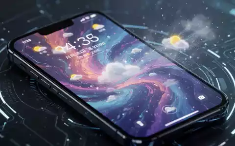 Close-up of a smartphone screen showing a vibrant, AI-generated wallpaper and a customized user interface with weather effects. - Foto: über boerse-global.de