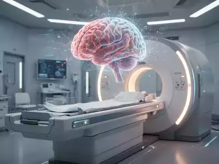 Ein hochauflösender PET-Scanner in einem modernen medizinischen Raum, der ein detailliertes, leuchtendes Gehirnhologramm projiziert. - Foto: über boerse-global.de
