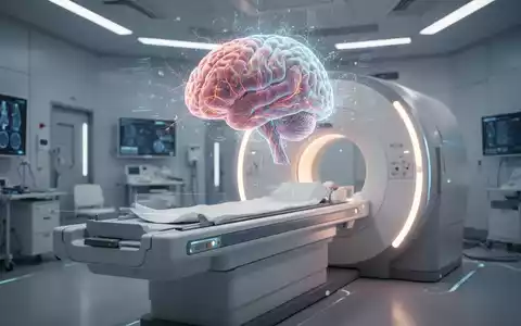 Ein hochauflösender PET-Scanner in einem modernen medizinischen Raum, der ein detailliertes, leuchtendes Gehirnhologramm projiziert. - Foto: über boerse-global.de