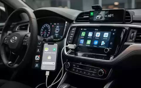 A smartphone connected to a car's infotainment system, displaying the Android Auto interface on both screens. - Foto: über boerse-global.de