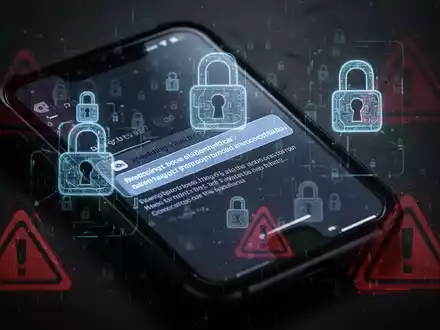 Ein Smartphone-Bildschirm zeigt einen betrügerischen Hochzeits-Einladungslink mit digitalen Sperrsymbolen und Warnzeichen. - Foto: über boerse-global.de