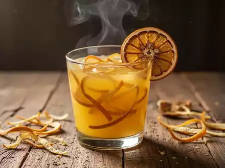 Ein Glas eines leuchtend gelb-orangen Getränks aus Zitrusschalen, garniert mit einer getrockneten Orangenscheibe, auf einem Holztisch. - Foto: über boerse-global.de