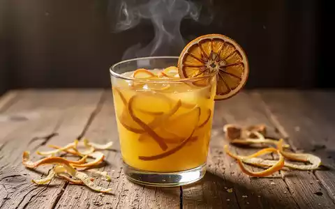 Ein Glas eines leuchtend gelb-orangen Getränks aus Zitrusschalen, garniert mit einer getrockneten Orangenscheibe, auf einem Holztisch. - Foto: über boerse-global.de