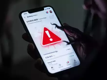 Nahaufnahme eines Smartphone-Bildschirms mit einer Banking-App, die ein rotes Warnsymbol zeigt, gehalten von einer Hand im Schatten. - Foto: über boerse-global.de