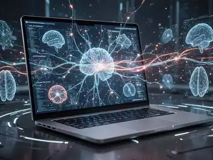 A laptop screen showing a complex neural network with glowing data, symbolizing AI models and local processing. - Foto: über boerse-global.de