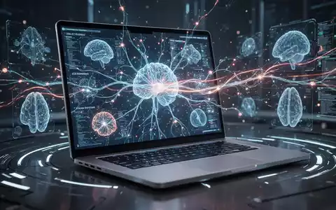 A laptop screen showing a complex neural network with glowing data, symbolizing AI models and local processing. - Foto: über boerse-global.de