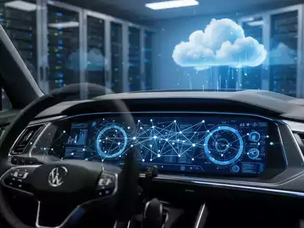 A modern car's digital dashboard showing data visualizations, with server racks in the background, symbolizing cloud infrastructure. - Foto: über boerse-global.de