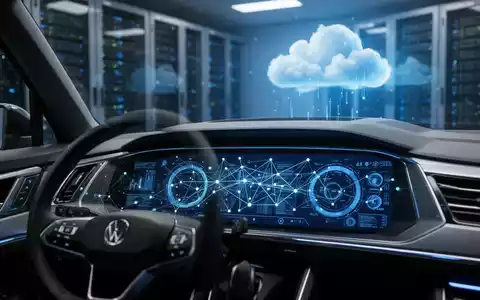 A modern car's digital dashboard showing data visualizations, with server racks in the background, symbolizing cloud infrastructure. - Foto: über boerse-global.de