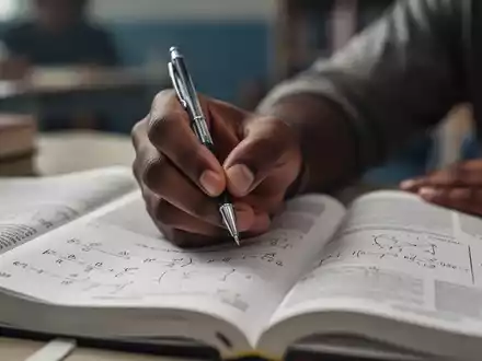 Nahaufnahme einer Hand, die einen Stift über einem Lehrbuch mit mathematischen Formeln hält, fokussiert auf Lernen und Konzentration. - Foto: über boerse-global.de
