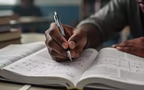 Nahaufnahme einer Hand, die einen Stift über einem Lehrbuch mit mathematischen Formeln hält, fokussiert auf Lernen und Konzentration. - Foto: über boerse-global.de