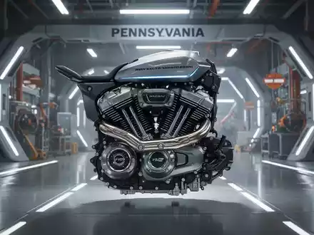 Ein moderner Harley-Davidson Revolution Max Motor in einer hochmodernen Fabrik in Pennsylvania, dramatisch beleuchtet. - Foto: über boerse-global.de