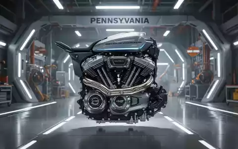 Ein moderner Harley-Davidson Revolution Max Motor in einer hochmodernen Fabrik in Pennsylvania, dramatisch beleuchtet. - Foto: über boerse-global.de