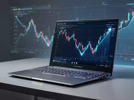 A sleek, high-performance laptop, similar to an ASUS VivoBook Pro 15X, on a modern desk with a digital price chart trending downwards. - Foto: über boerse-global.de