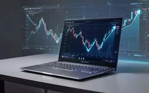 A sleek, high-performance laptop, similar to an ASUS VivoBook Pro 15X, on a modern desk with a digital price chart trending downwards. - Foto: über boerse-global.de
