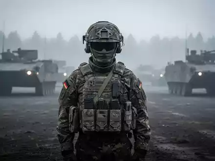 Ein Bundeswehrsoldat in voller Ausrüstung steht nachdenklich auf einem nebligen Truppenübungsplatz in Litauen, im Hintergrund verschwommene Militärfahrzeuge. - Foto: über boerse-global.de