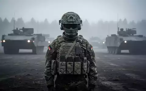 Ein Bundeswehrsoldat in voller Ausrüstung steht nachdenklich auf einem nebligen Truppenübungsplatz in Litauen, im Hintergrund verschwommene Militärfahrzeuge. - Foto: über boerse-global.de