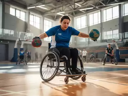Eine Person im Rollstuhl spielt Rollstuhlhandball auf einem Sportplatz, fokussiert auf Ball und Bewegung. Symbolisiert Sport und Inklusion. - Foto: über boerse-global.de