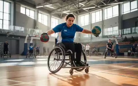 Eine Person im Rollstuhl spielt Rollstuhlhandball auf einem Sportplatz, fokussiert auf Ball und Bewegung. Symbolisiert Sport und Inklusion. - Foto: über boerse-global.de