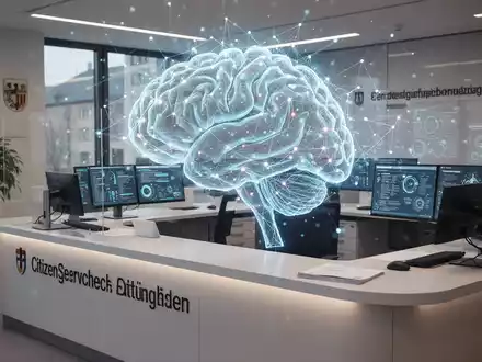 Eine stilisiertes, leuchtendes KI-Gehirn überlagert einen modernen Bürgerservice-Schalter in einem deutschen Stadtbüro. - Foto: über boerse-global.de