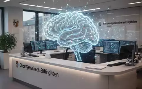 Eine stilisiertes, leuchtendes KI-Gehirn überlagert einen modernen Bürgerservice-Schalter in einem deutschen Stadtbüro. - Foto: über boerse-global.de