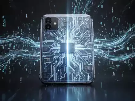 A stylized smartphone with a transparent back revealing an illuminated circuit board, surrounded by flowing digital data, symbolizing advanced AI. - Foto: über boerse-global.de