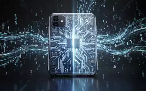 A stylized smartphone with a transparent back revealing an illuminated circuit board, surrounded by flowing digital data, symbolizing advanced AI. - Foto: über boerse-global.de
