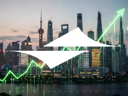 Ein stilisierter, grüner Aufwärtstrend-Aktienchart vor der beleuchteten Skyline von Shanghai bei Dämmerung. - Foto: über boerse-global.de