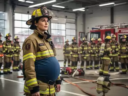 Eine schwangere Feuerwehrfrau in Uniform beobachtet eine Übung in einer Feuerwache, im Hintergrund weitere Feuerwehrleute. - Foto: über boerse-global.de