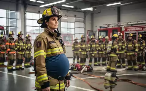 Eine schwangere Feuerwehrfrau in Uniform beobachtet eine Übung in einer Feuerwache, im Hintergrund weitere Feuerwehrleute. - Foto: über boerse-global.de