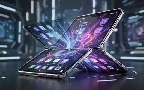 A partially open, futuristic foldable smartphone with a sleek titanium and aluminum frame, displaying a vibrant, adaptive user interface. - Foto: über boerse-global.de