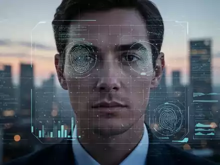 Ein Gesicht ist teilweise von einer digitalen Benutzeroberfläche mit biometrischen Daten und Überwachungsrastern verdeckt. - Foto: über boerse-global.de