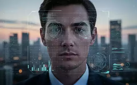 Ein Gesicht ist teilweise von einer digitalen Benutzeroberfläche mit biometrischen Daten und Überwachungsrastern verdeckt. - Foto: über boerse-global.de