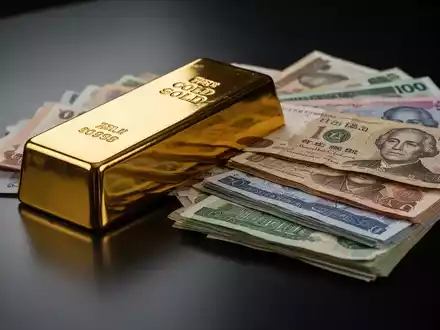 Ein glänzender Goldbarren neben einem Stapel internationaler Banknoten auf einer dunklen Oberfläche. - Foto: über boerse-global.de