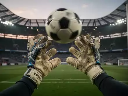 Nahaufnahme der behandschuhten Hände eines Fussballtorhüters, der einen Ball fängt, mit einem Stadion im Hintergrund. - Foto: über boerse-global.de