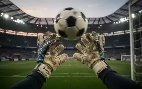 Nahaufnahme der behandschuhten Hände eines Fussballtorhüters, der einen Ball fängt, mit einem Stadion im Hintergrund. - Foto: über boerse-global.de