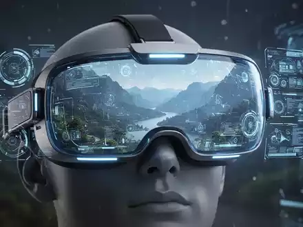 An augmented reality headset with blue light emanating from its visor, set against a blurred background. - Foto: über boerse-global.de