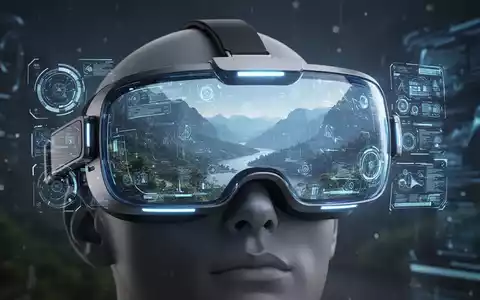 An augmented reality headset with blue light emanating from its visor, set against a blurred background. - Foto: über boerse-global.de