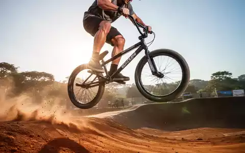 Ein BMX-Fahrer springt dynamisch auf einer Dirt-Strecke, seine Muskulatur ist sichtbar und vermittelt Kraft und Explosivität. - Foto: über boerse-global.de