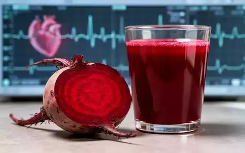 Eine aufgeschnittene rote Bete neben einem Glas Rote-Bete-Saft, im Hintergrund verschwommen medizinische Diagramme. - Foto: über boerse-global.de