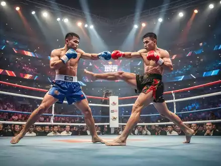 Zwei Kickboxer in voller Aktion während eines Kampfes in einer großen, modern beleuchteten Arena mit Publikum im Hintergrund. - Foto: über boerse-global.de