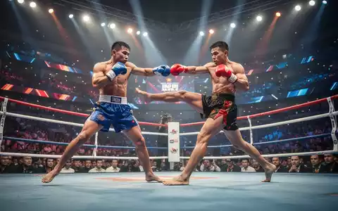 Zwei Kickboxer in voller Aktion während eines Kampfes in einer großen, modern beleuchteten Arena mit Publikum im Hintergrund. - Foto: über boerse-global.de